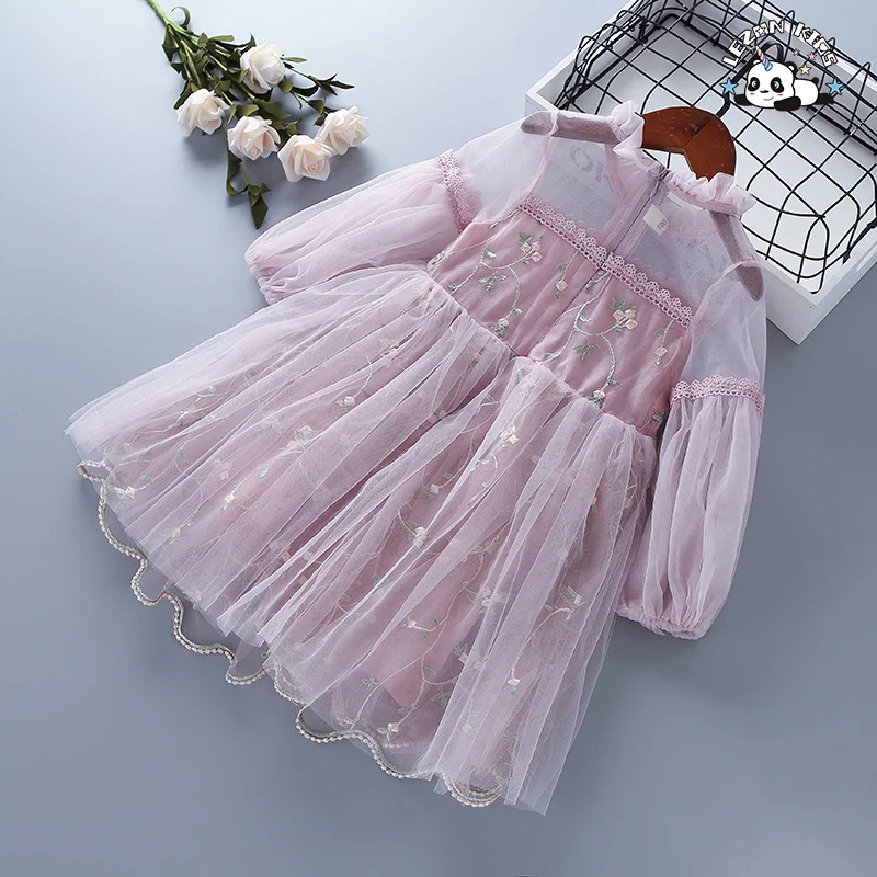 LEZONKIDS - Spring and Autumn New Children's Dress Lace Tulle Embroidery Girl's Puff Sleeve Dress